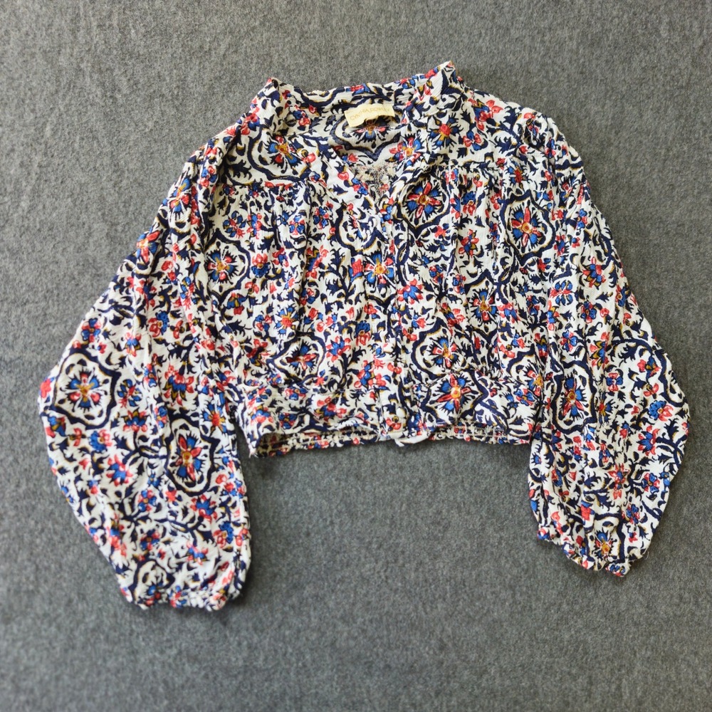 Cynthia Rowley Floral Crop‎ Top V-Neck Smocked Hem Sz Small Boho Peasant Cottage